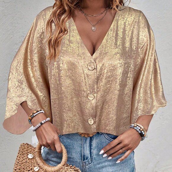 Champagne Casual Women's Loose Fit Drop Shoulder Shirt - Picture 4 of 7